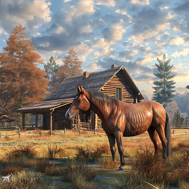 A brown horse in a paddock near a wooden house