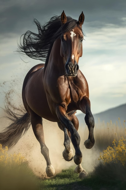 Brown horse running in field created using generative ai technology