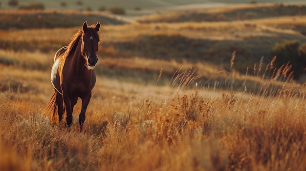 Photo a brown horse standing in a field of tall grass