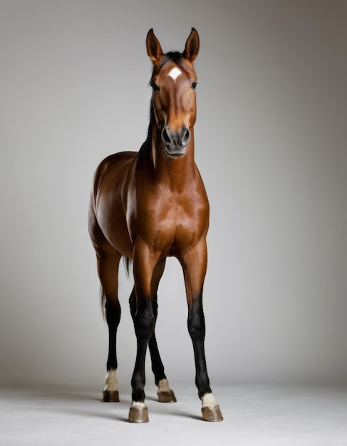 Photo a brown horse with black legs and a white stripe on its face