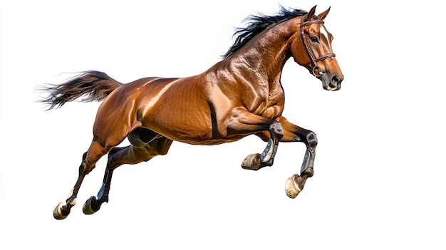 a brown horse with a brown mane running in the air