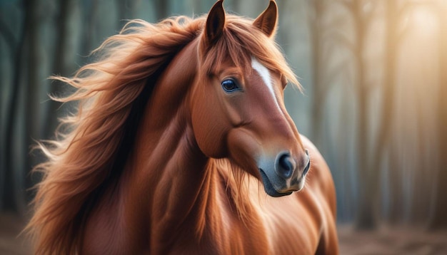 a brown horse with a brown mane and a white stripe on its face