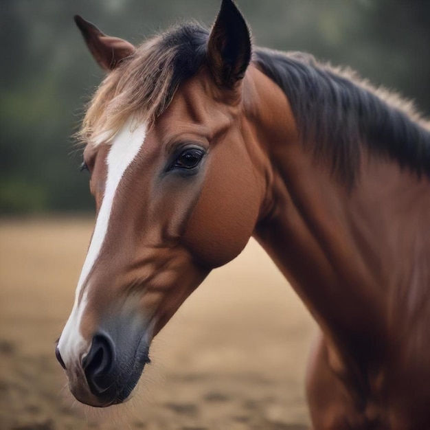 a brown horse with a white stripe on its face is standing in a field