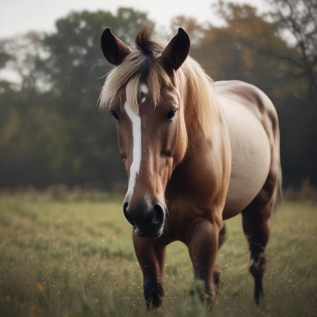 a brown horse with a white stripe on its face is standing in a field