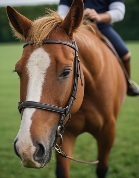 Photo a brown horse with a white stripe on its face and a woman riding a horse in the background