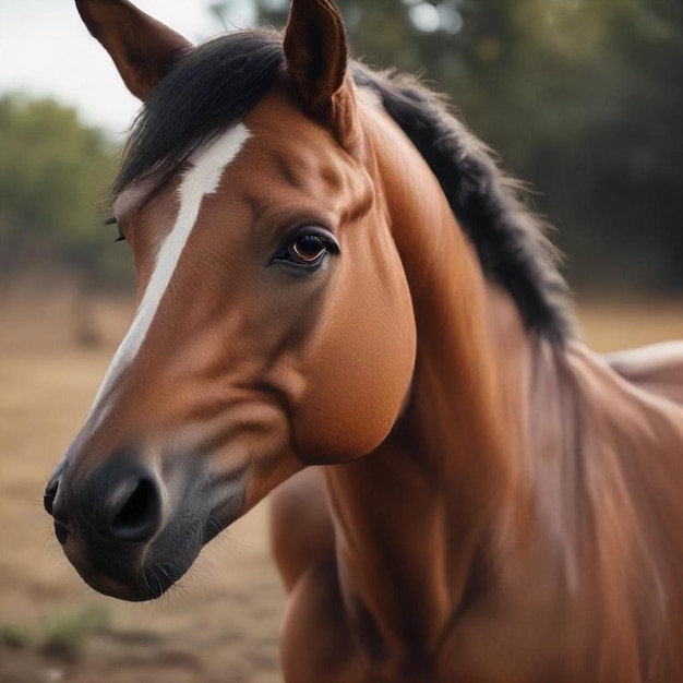 a brown horse with a white stripe on its head