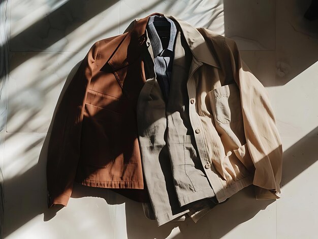 Photo brown jacket beige shirt and white shirt on a white background with sunlight photograph