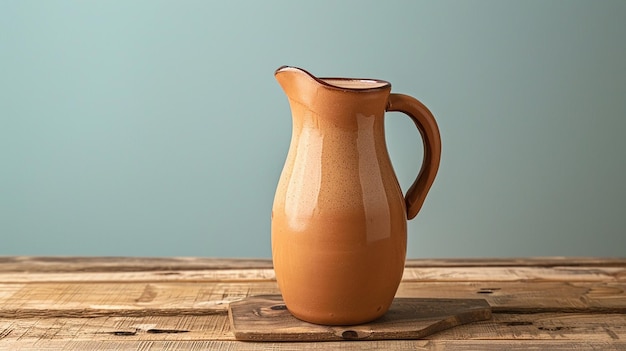 Photo a brown jug on a wooden table with a blue background