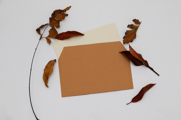 A brown leaf and a card on a white table