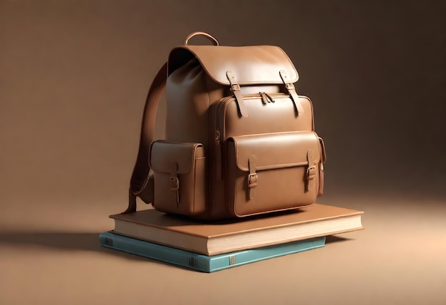 a brown leather backpack is on a platform with a blue plaque