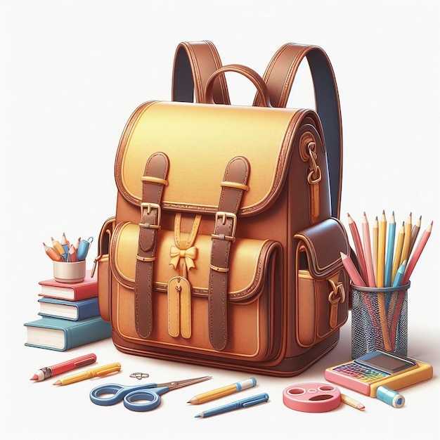 a brown leather backpack with a brown leather strap sits next to a cup of pencils