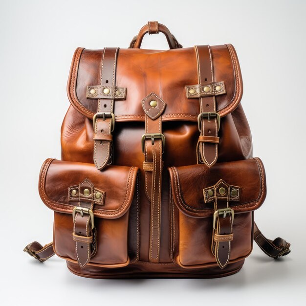 a brown leather backpack with a strap that says quot leather quot