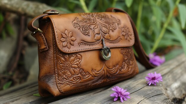 a brown leather bag with a flower on it sits on a wooden table