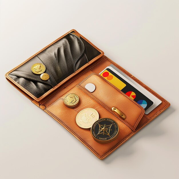 Photo a brown leather bag with a gold coin and a black leather bag with a gold coin in it