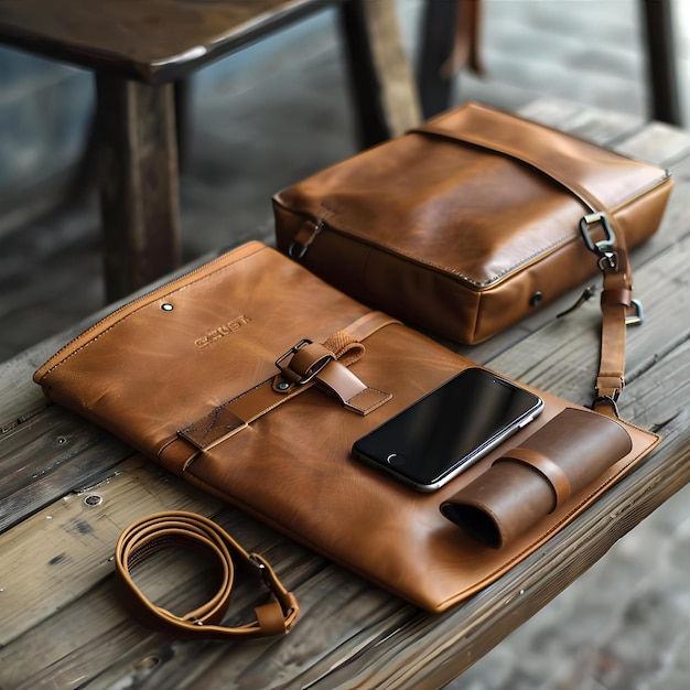 a brown leather bag with a strap that says  mac  on it