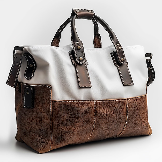 a brown leather bag with a white top and brown leather straps