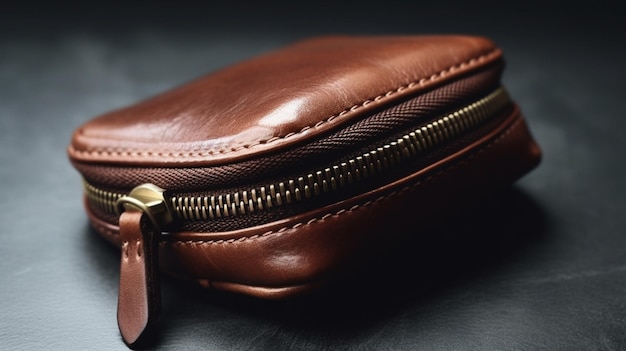 A brown leather case with a gold zipper is on a black background.