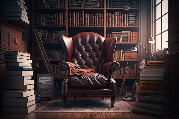 Brown leather chair surrounded by stacks of books and magazines in library created with generative a