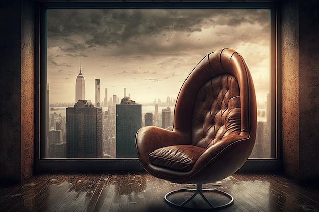 A brown leather chair next to a window with a view of the city created with generative ai