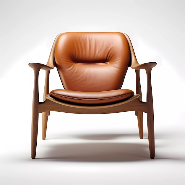 a brown leather chair with a brown arm rests on a white background