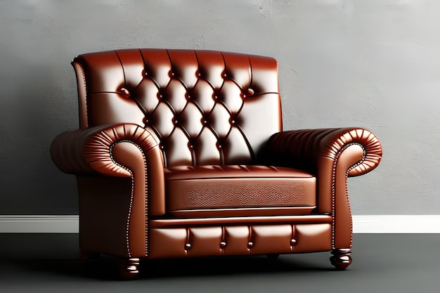 A brown leather chair with a buttoned back sits against a gray wall.