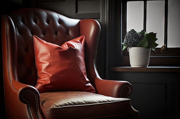 A brown leather chair with a red accent pillow in the living room created with generative ai