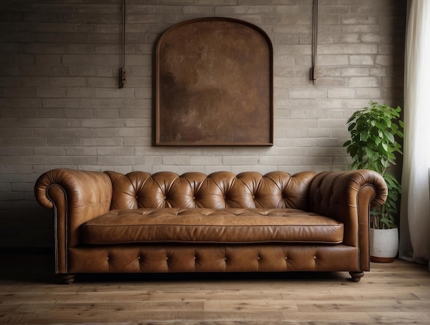 Brown Leather Chesterfield Sofa Against Brick Wall