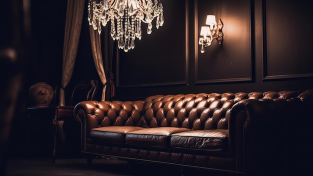 A brown leather couch in a dark room with a chandelier hanging from the ceiling.