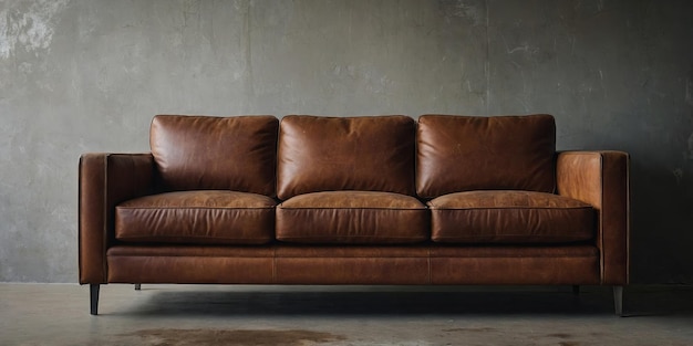 A brown leather couch sits before a wall with a rusted metal finish on its side