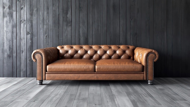 a brown leather couch with a gray wall behind it