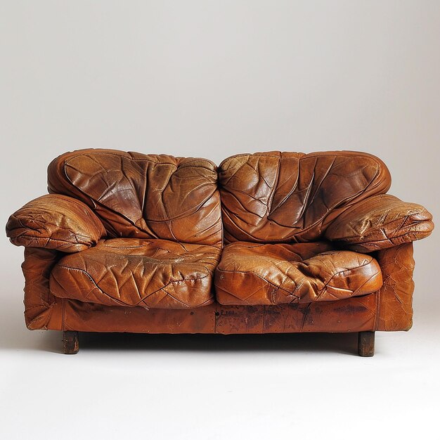 a brown leather couch with a leaf on the back