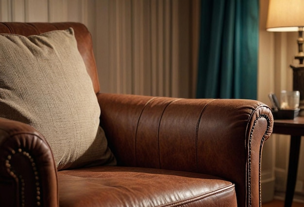 Photo a brown leather couch with a pillow on it and a green curtain behind it