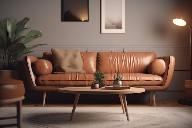 A brown leather couch with a white rug and a plant on it.