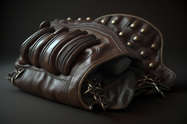 A brown leather glove with gold rivets and a black leather glove.