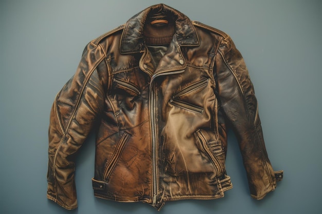 Brown Leather Jacket Hanging on Gray Wall