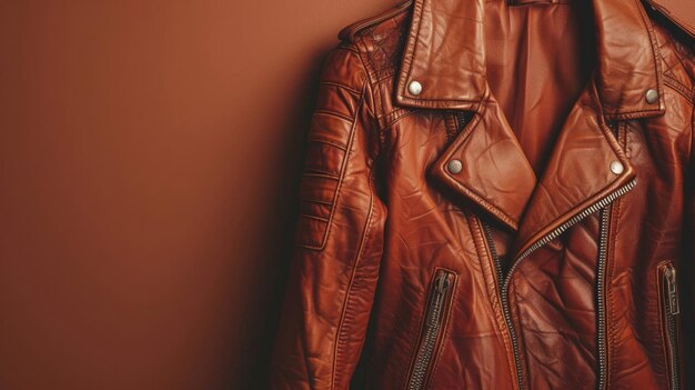 Photo brown leather jacket hanging on wall