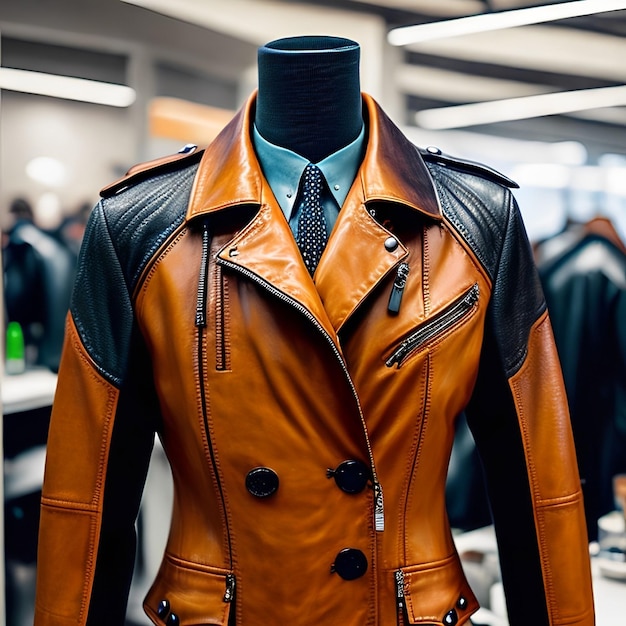 A brown leather jacket with a black collar and a blue tie is on a mannequin.