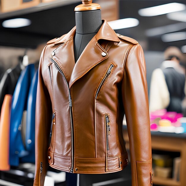 A brown leather jacket with the word on it on it