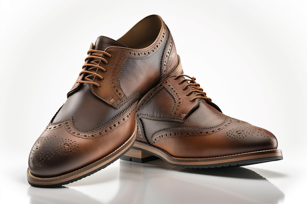 Brown leather pair of male shoes on white background Generative AI illustration