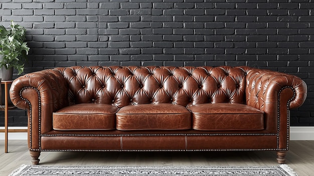 Photo a brown leather sofa in front of a brick wall