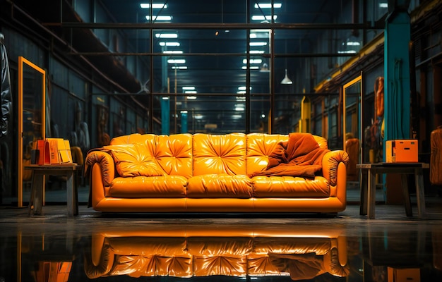 A brown leather sofa in front of a yellow frame