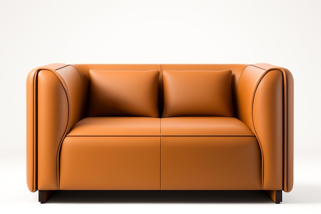 A brown leather sofa with a white background.