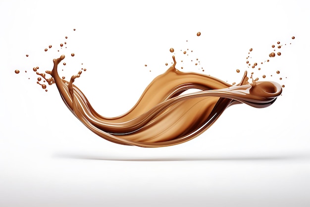 Brown liquid splash with drops on blank white background