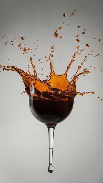 Brown liquid splash with drops on blank white background