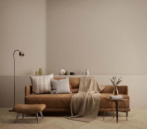 Brown living room with sofa table and lamp