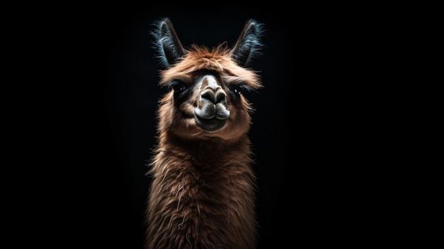 A brown llama standing in a dark room with a black