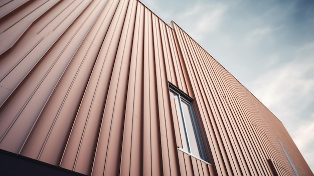 A brown metal building with a window that says'the new building '