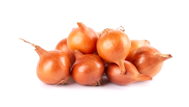 Brown mini onions isolated on a white background Raw onion bulbs for cultivation French onion