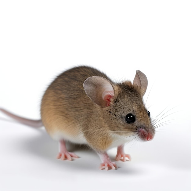 A brown mouse with a white background and a black nose.