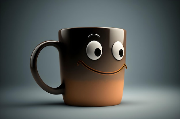 A brown mug with a smiling face and a smiling face.